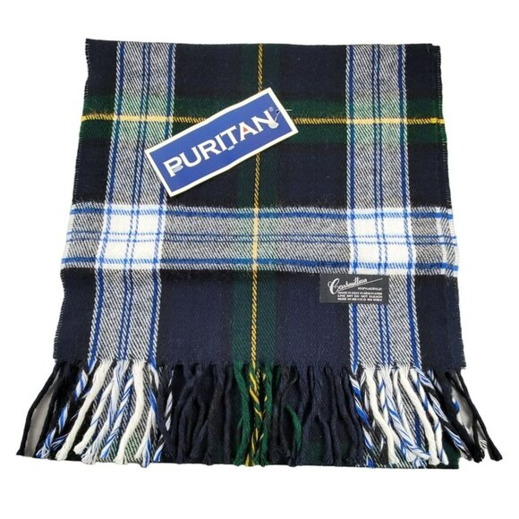 Women's Plaid Neck Scarf Blue White Yellow Green Fringed 59" JH1419 - Picture 2 of 3